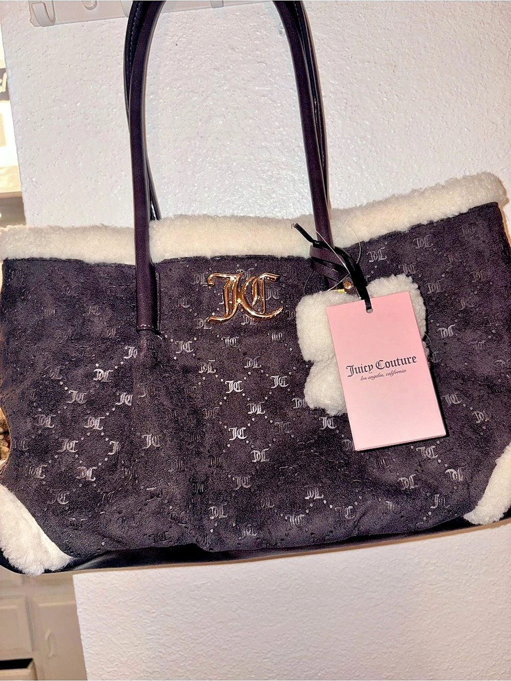 Juicy Couture Monogram Faux Fur Tote Bag in Black & White